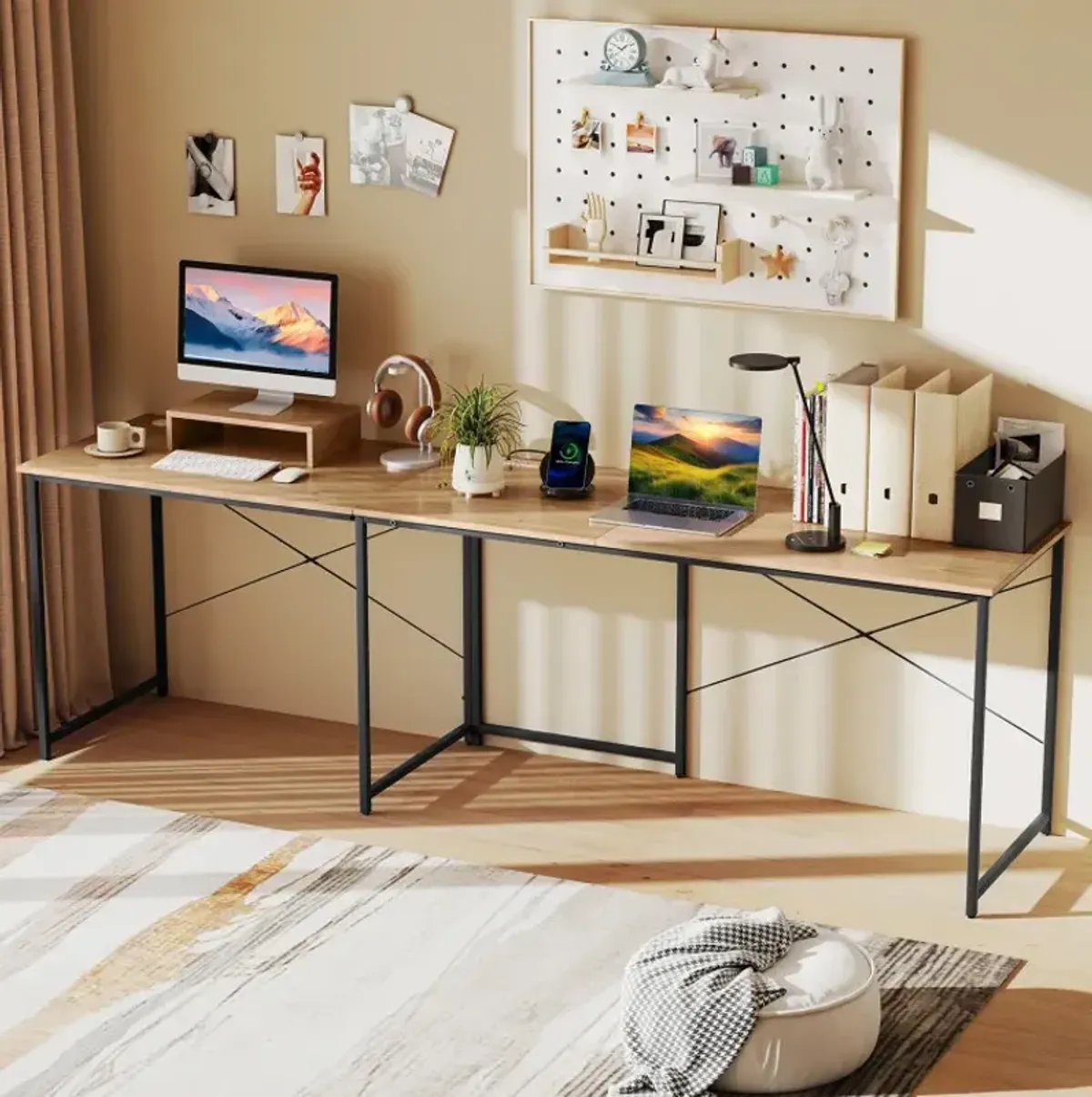 95 Inch 2-Person L-Shaped Long Reversible Computer Desk with Monitor Stand