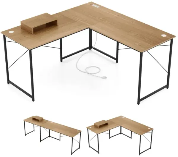 95 Inch 2-Person L-Shaped Long Reversible Computer Desk with Monitor Stand