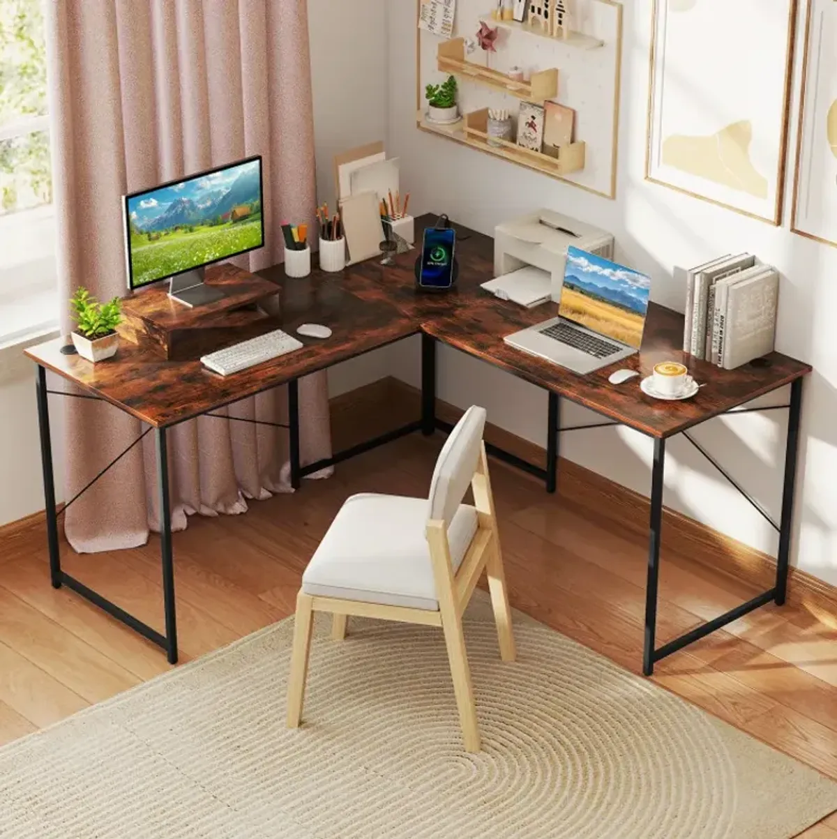 95 Inch 2-Person L-Shaped Long Reversible Computer Desk with Monitor Stand