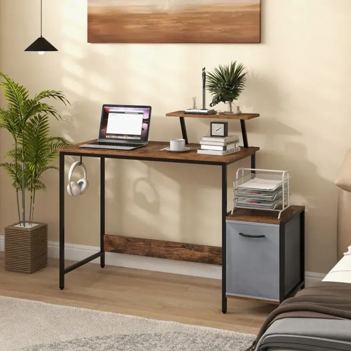 Computer Desk with Reversible Storage Drawer and Moveable Shelf