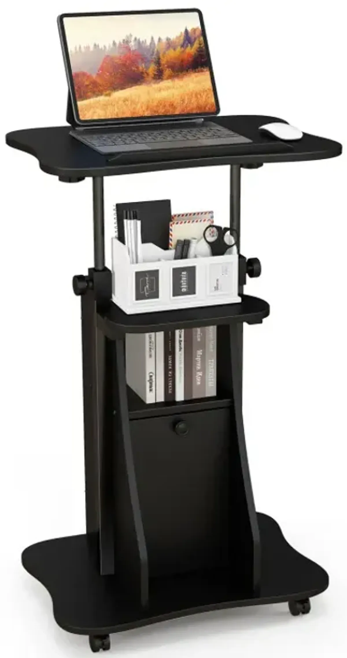 Adjustable Mobile Standing Desk Cart with Tilt Desktop and Cabinet