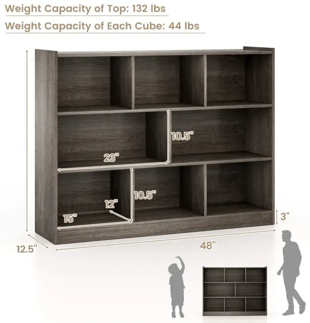 3-Tier Open Bookcase 8-Cube Floor Standing Storage Shelves