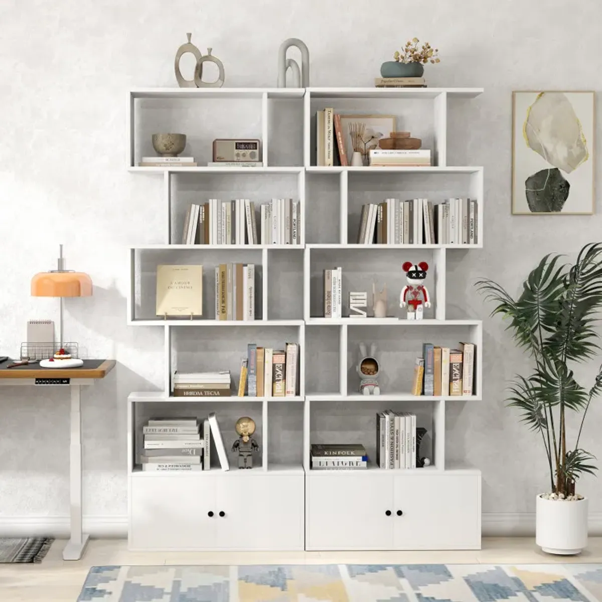 6-Tier S-Shaped Freestanding Bookshelf with Cabinet and Doors