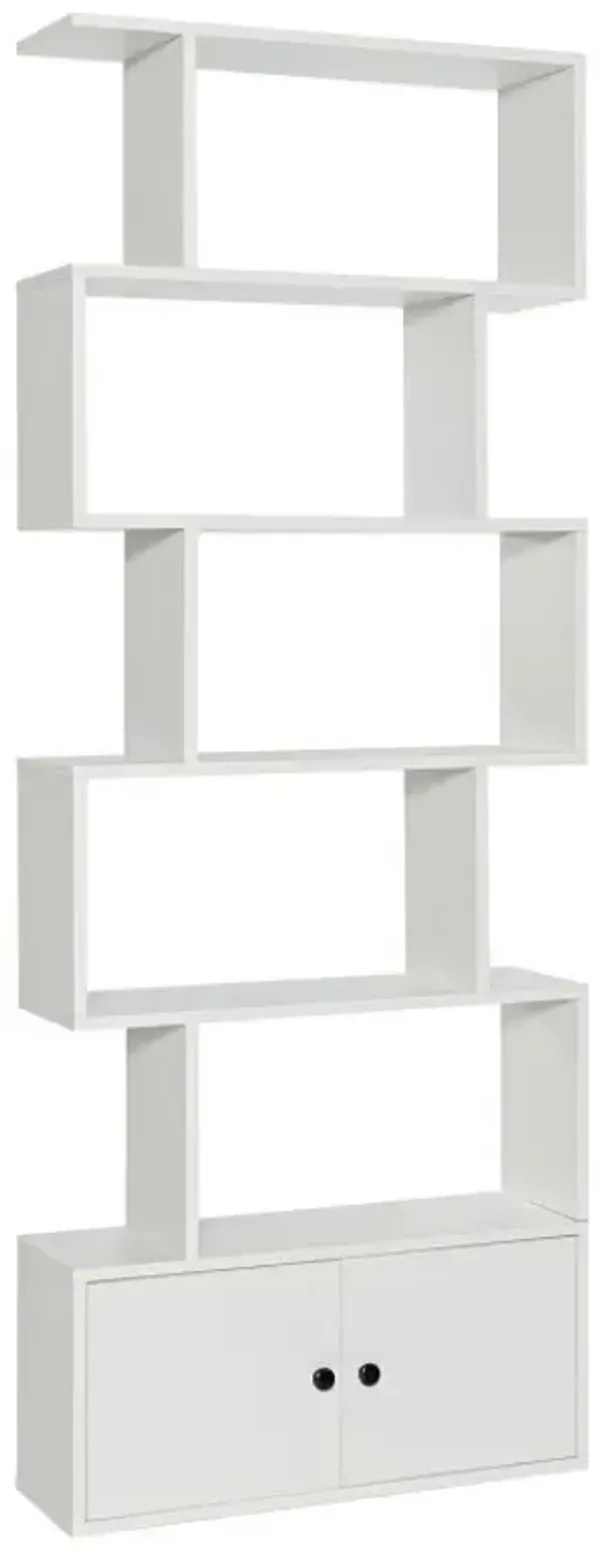 6-Tier S-Shaped Freestanding Bookshelf with Cabinet and Doors