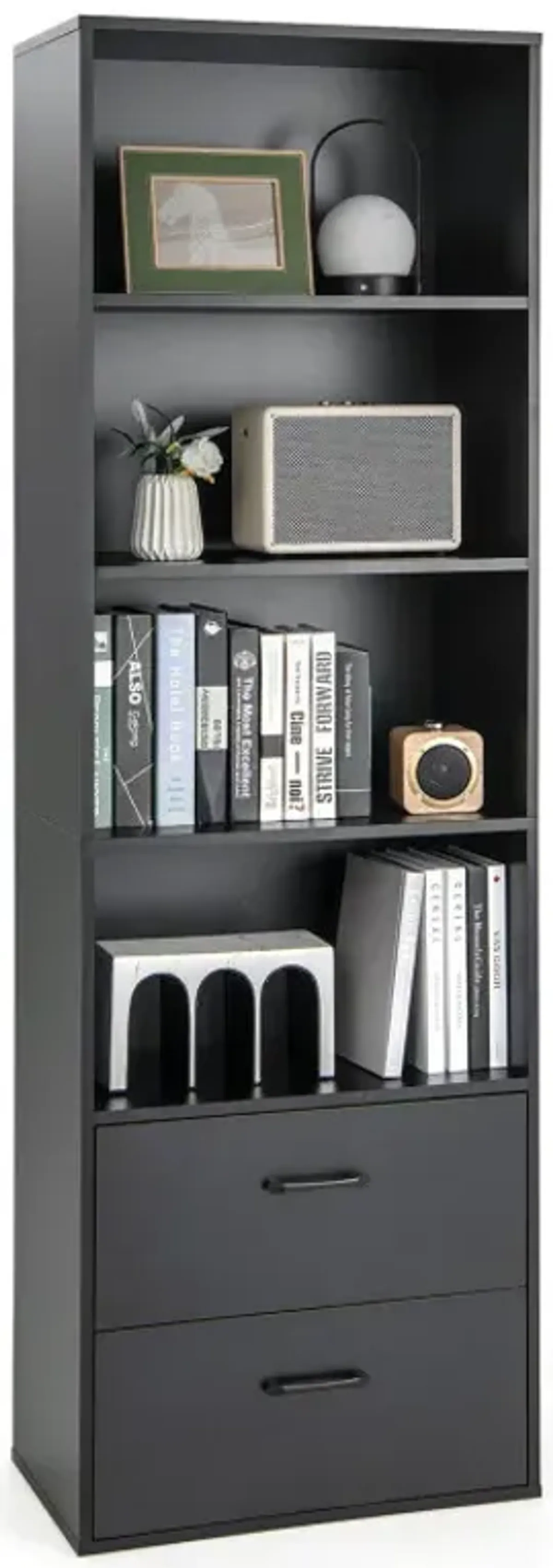 6-Tier Tall Freestanding Bookshelf with 4 Open Shelves and 2 Drawers