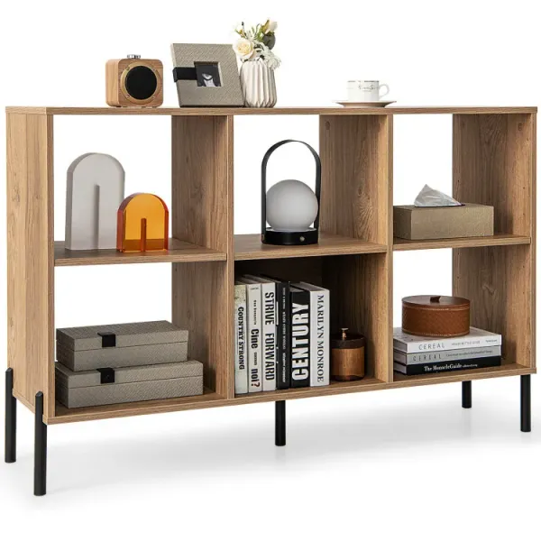 6-Cube Storage Bookcase 3-Tier Wooden Open Bookshelf with 5 Metal Legs