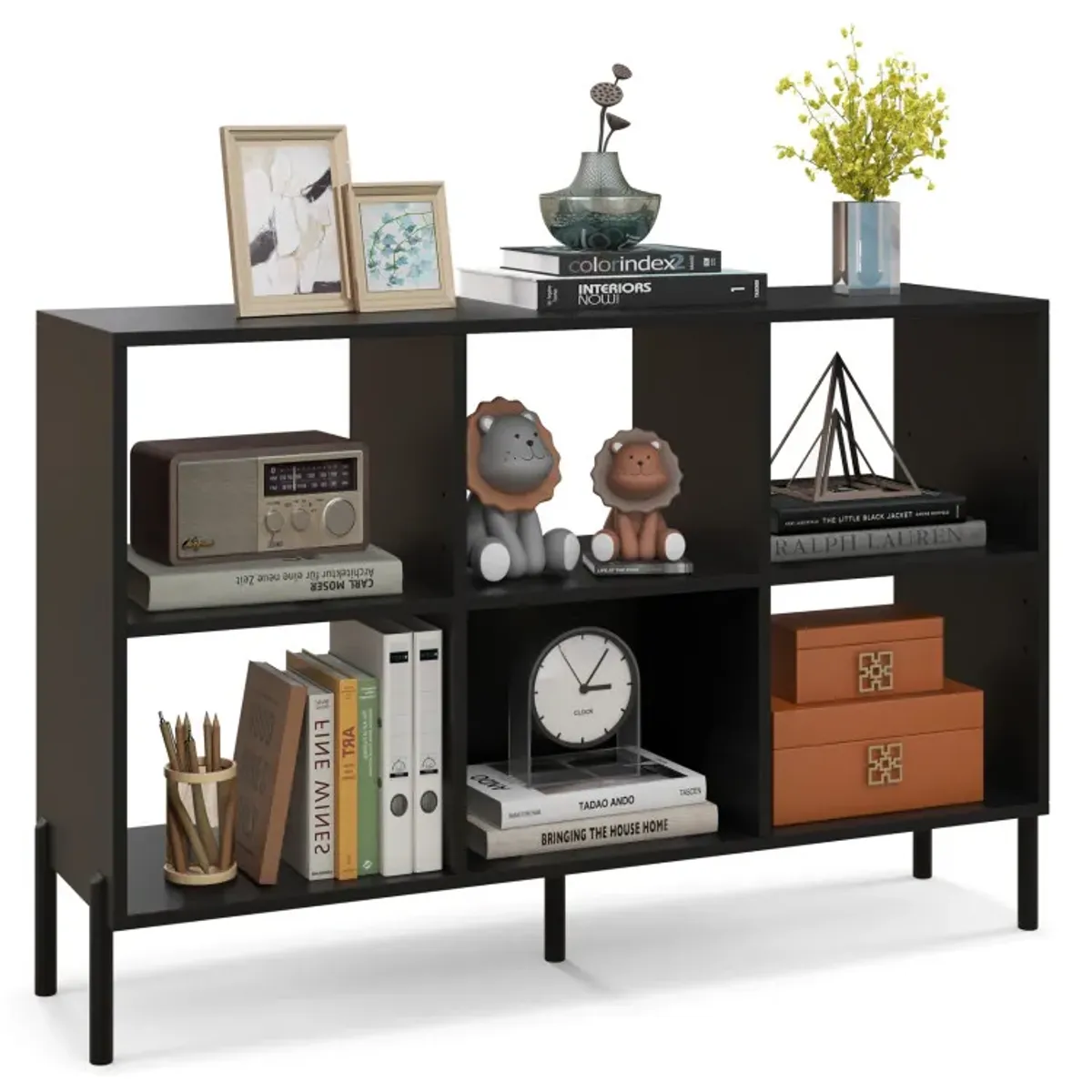 6-Cube Storage Bookcase 3-Tier Wooden Open Bookshelf with 5 Metal Legs
