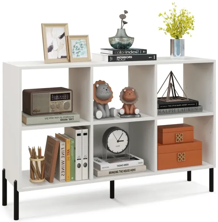 6-Cube Storage Bookcase 3-Tier Wooden Open Bookshelf with 5 Metal Legs