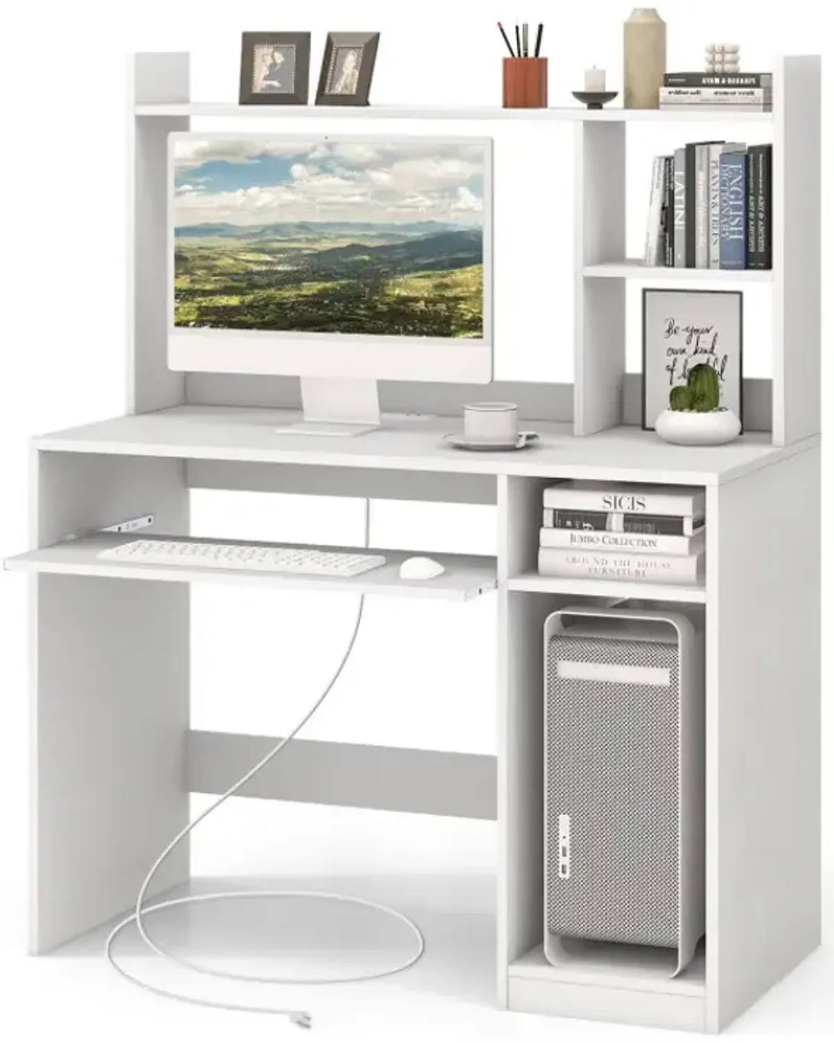 Home Office Computer Desk with Bookcase Keyboard Tray and CPU Stand