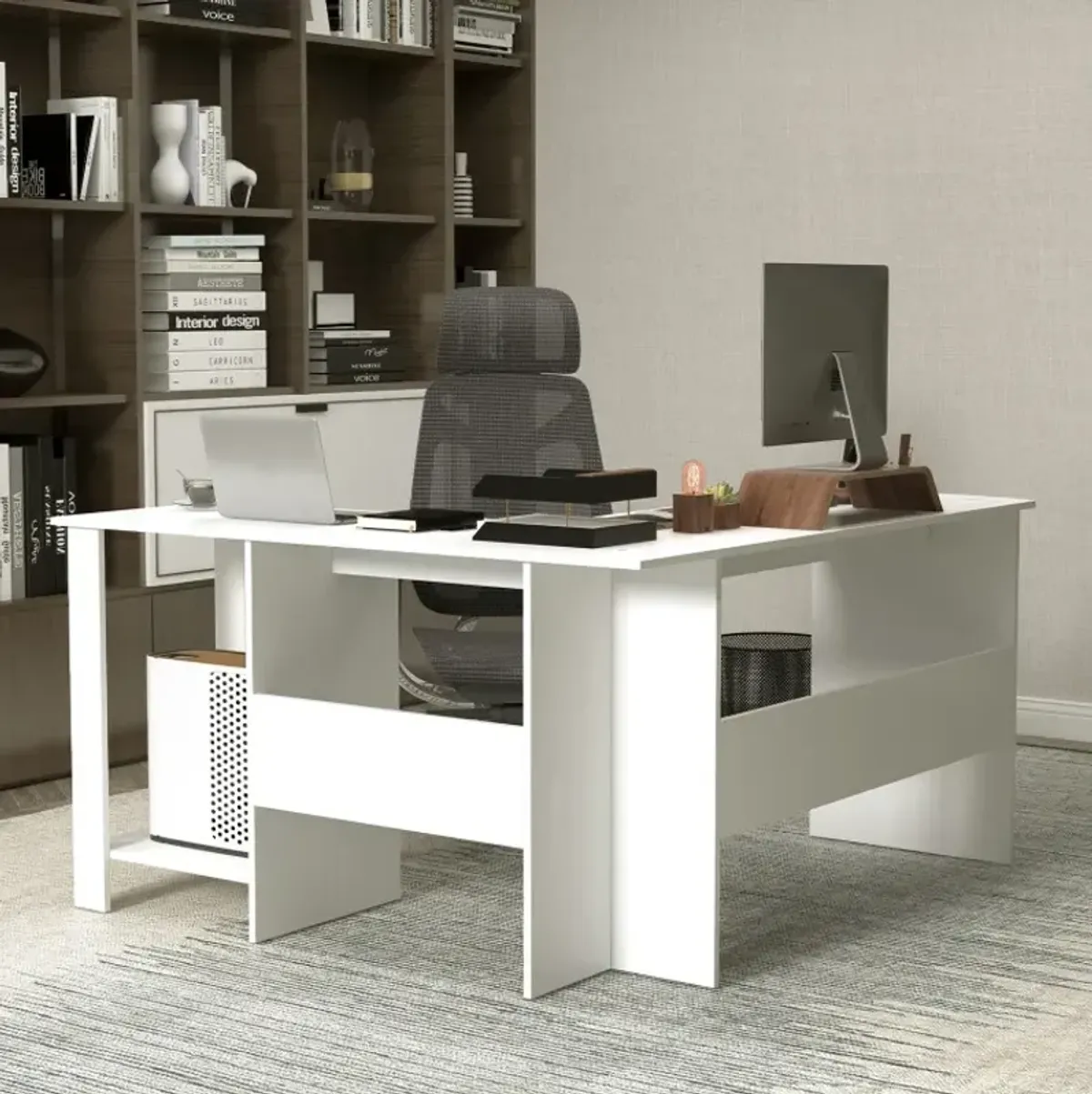 Large Modern L-shaped Computer Desk with 2 Cable Holes and 2 Storage Shelves