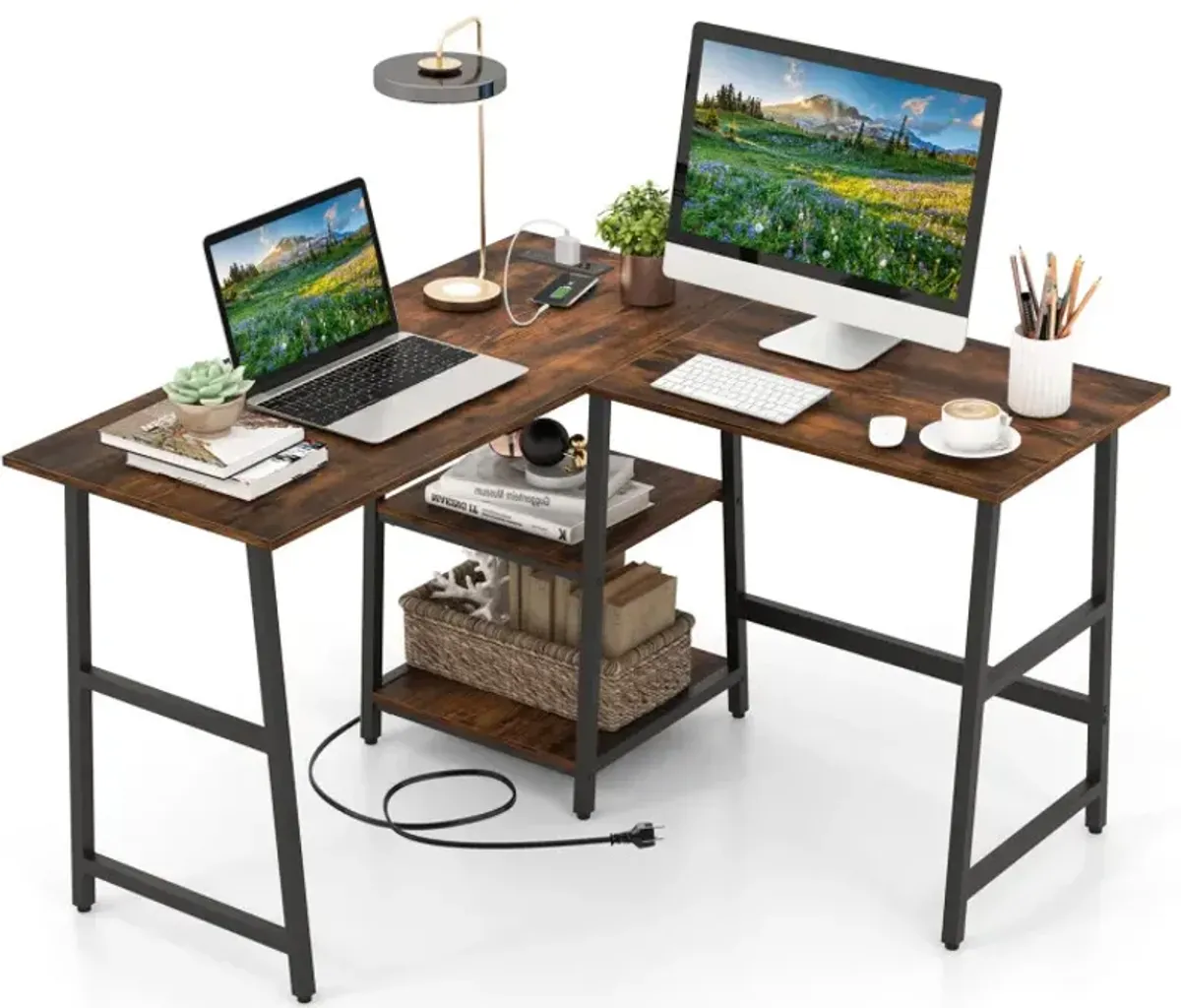 L-Shaped Corner Computer Desk with Storage Shelves