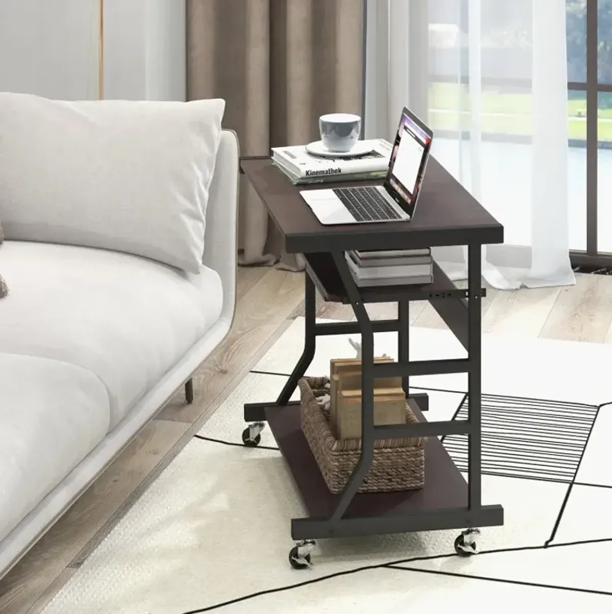 Mobile Computer Desk with Keyboard Tray Mouse Tray and Shelf