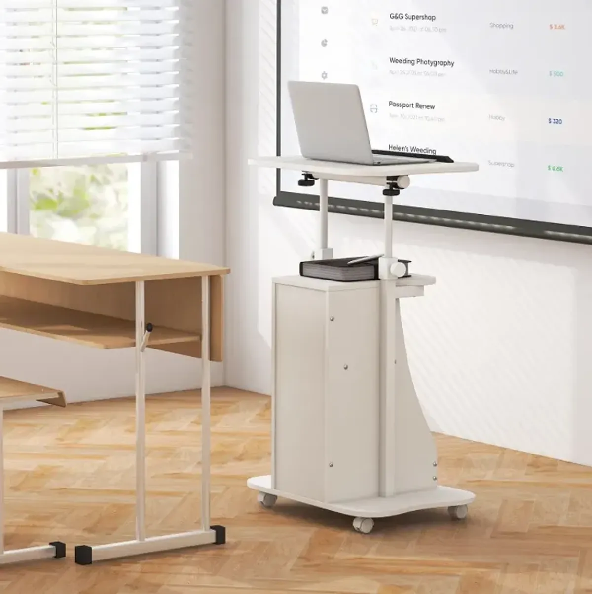 Mobile Podium Stand Height Adjustable Laptop Cart with Tilting Tabletop and Storage Compartments
