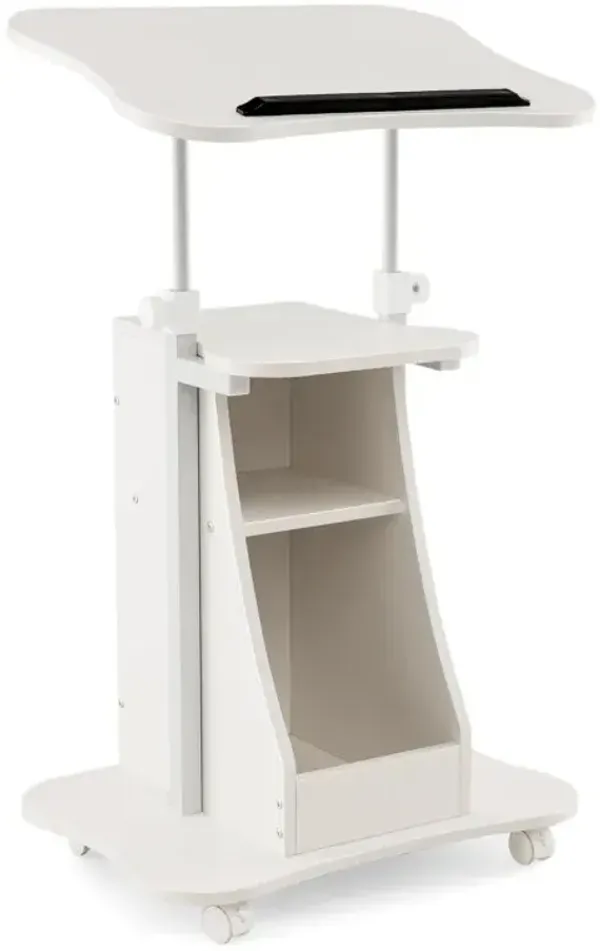 Mobile Podium Stand Height Adjustable Laptop Cart with Tilting Tabletop and Storage Compartments