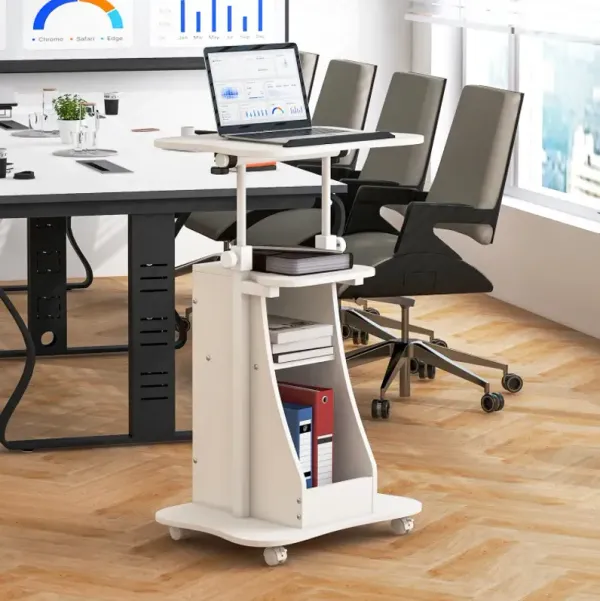 Mobile Podium Stand Height Adjustable Laptop Cart with Tilting Tabletop and Storage Compartments