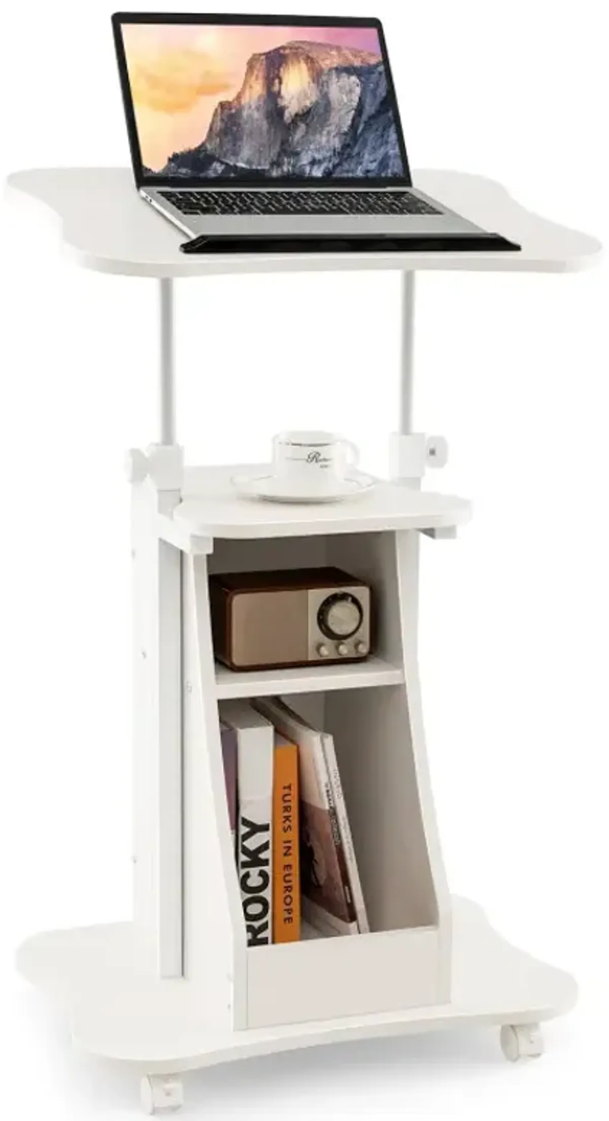 Mobile Podium Stand Height Adjustable Laptop Cart with Tilting Tabletop and Storage Compartments