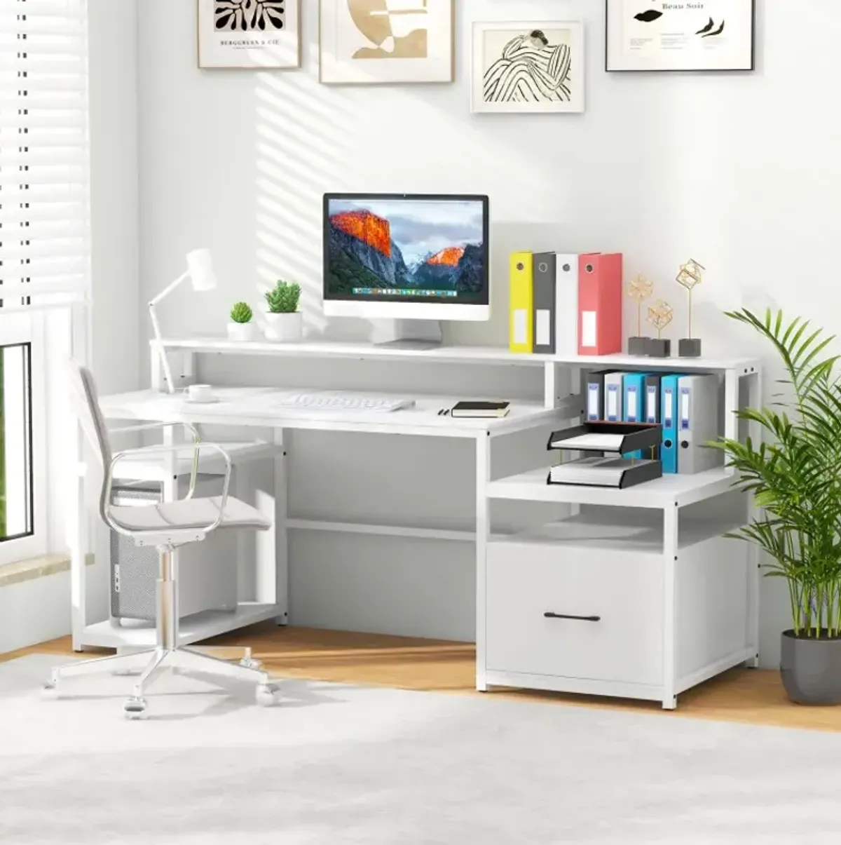 67 Inch Computer Desk with Monitor Stand & File Drawer