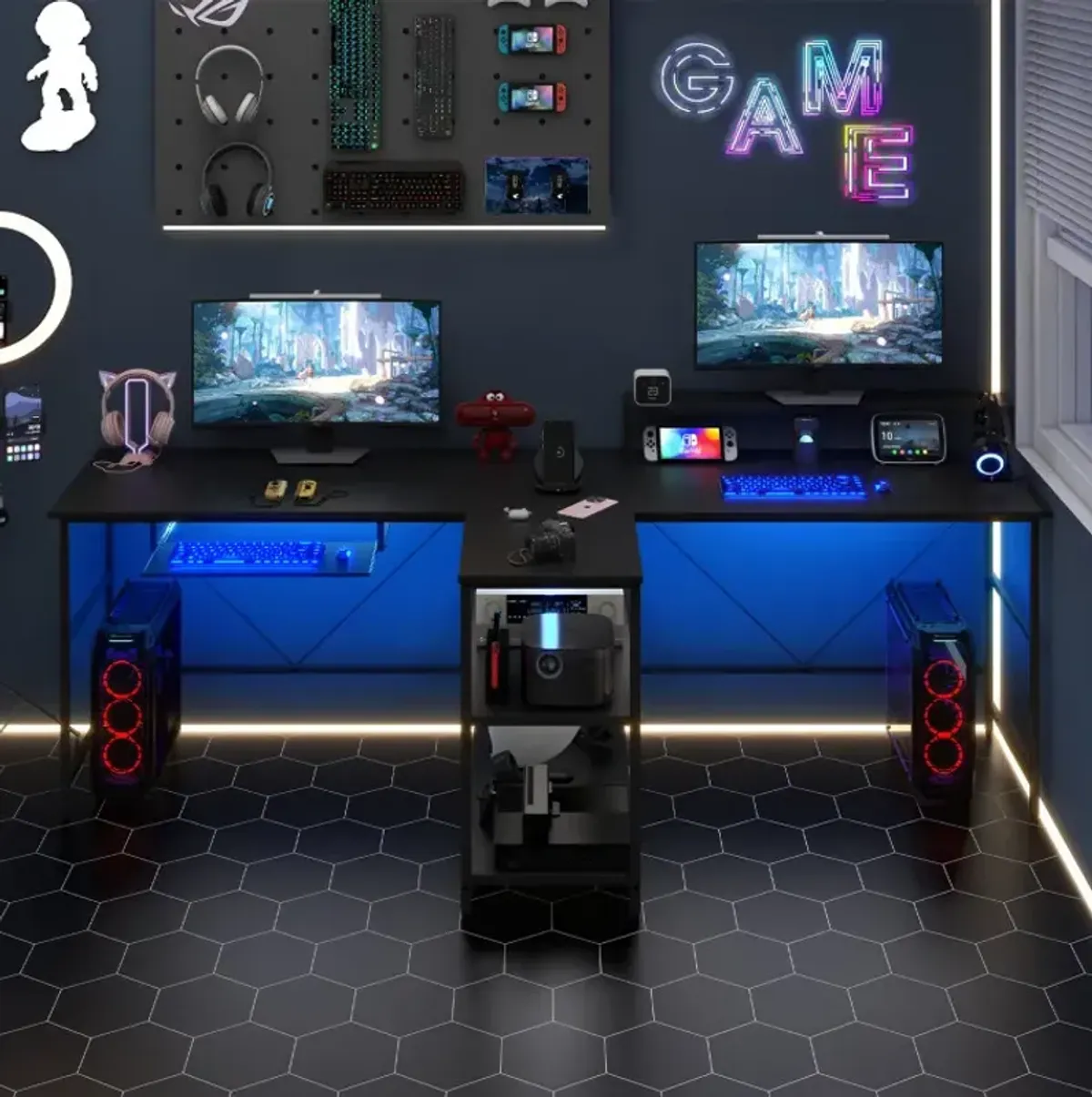 2-Person Reversible Computer Desk Long Office Desk with LED Lights