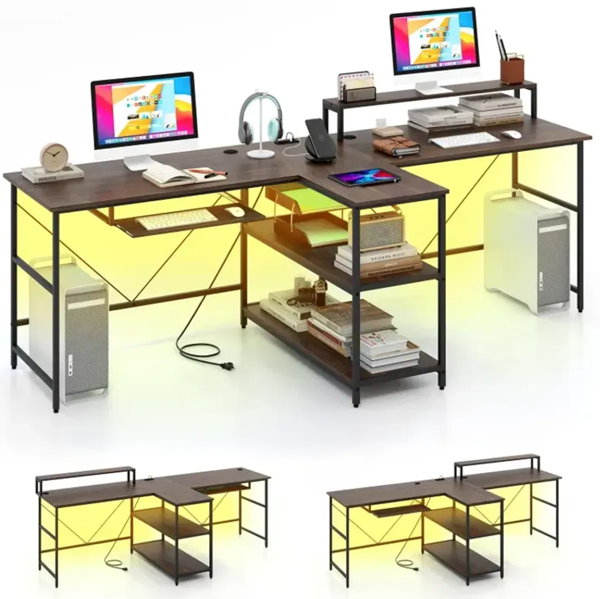 2-Person Reversible Computer Desk Long Office Desk with LED Lights