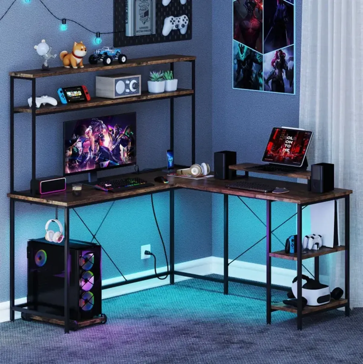 L-Shaped Reversible Gaming Desk with LED Strip and Power Outlets Hutch Monitor Stand
