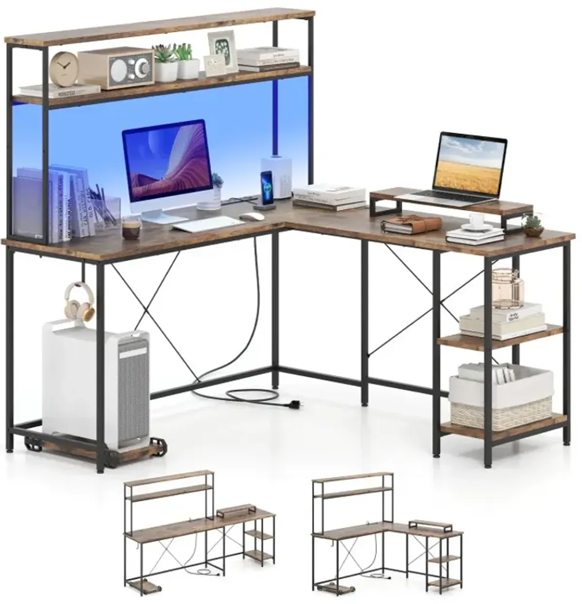 L-Shaped Reversible Gaming Desk with LED Strip and Power Outlets Hutch Monitor Stand