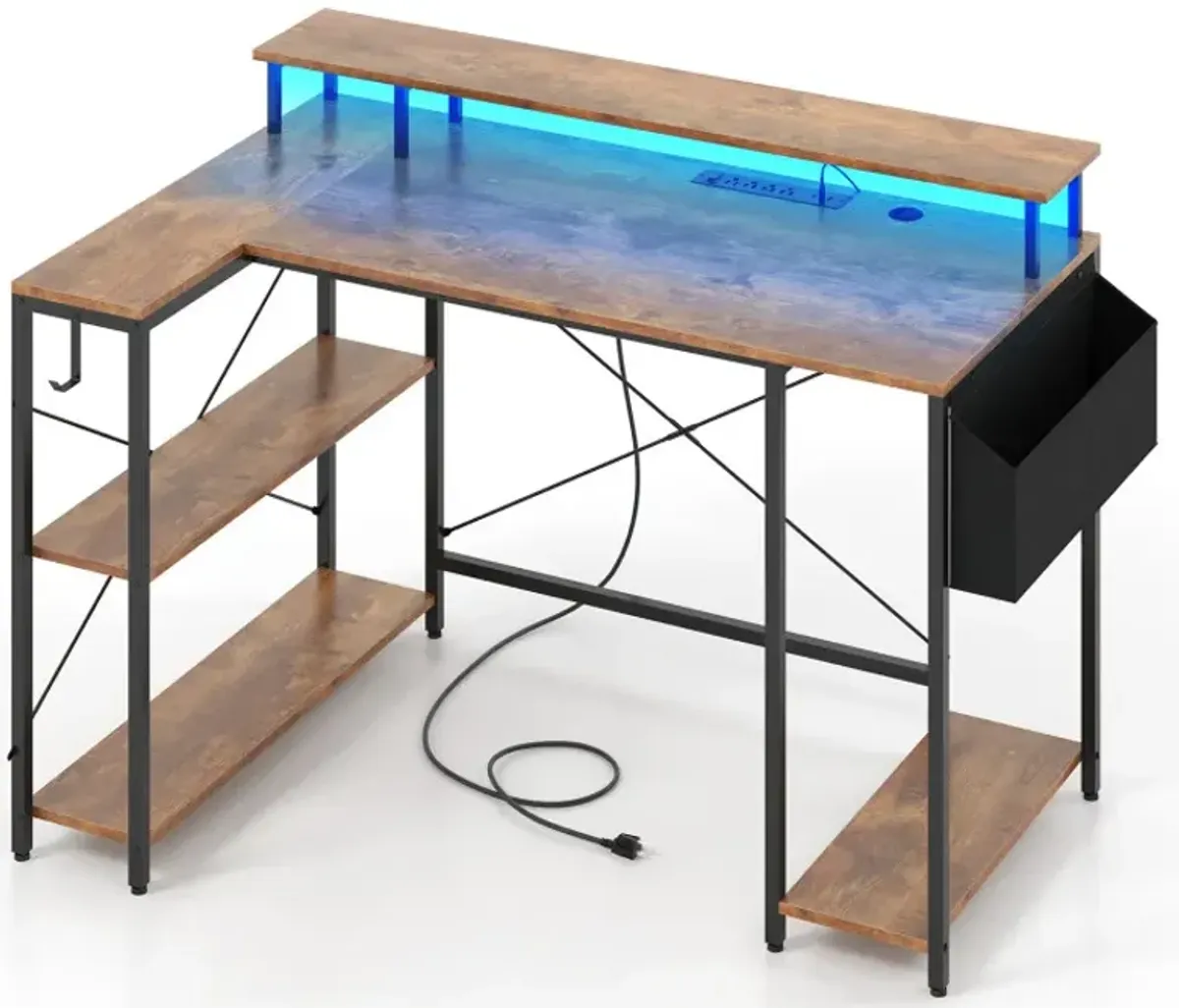 L-Shaped Gaming Desk with LED Lights and Power Outlets