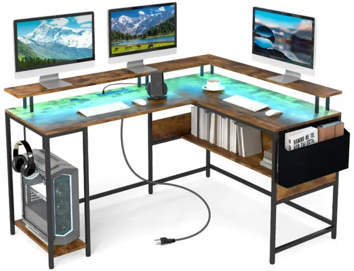 L-Shaped Gaming Desk with LED Lights and Power Outlets Home Office Computer Desk
