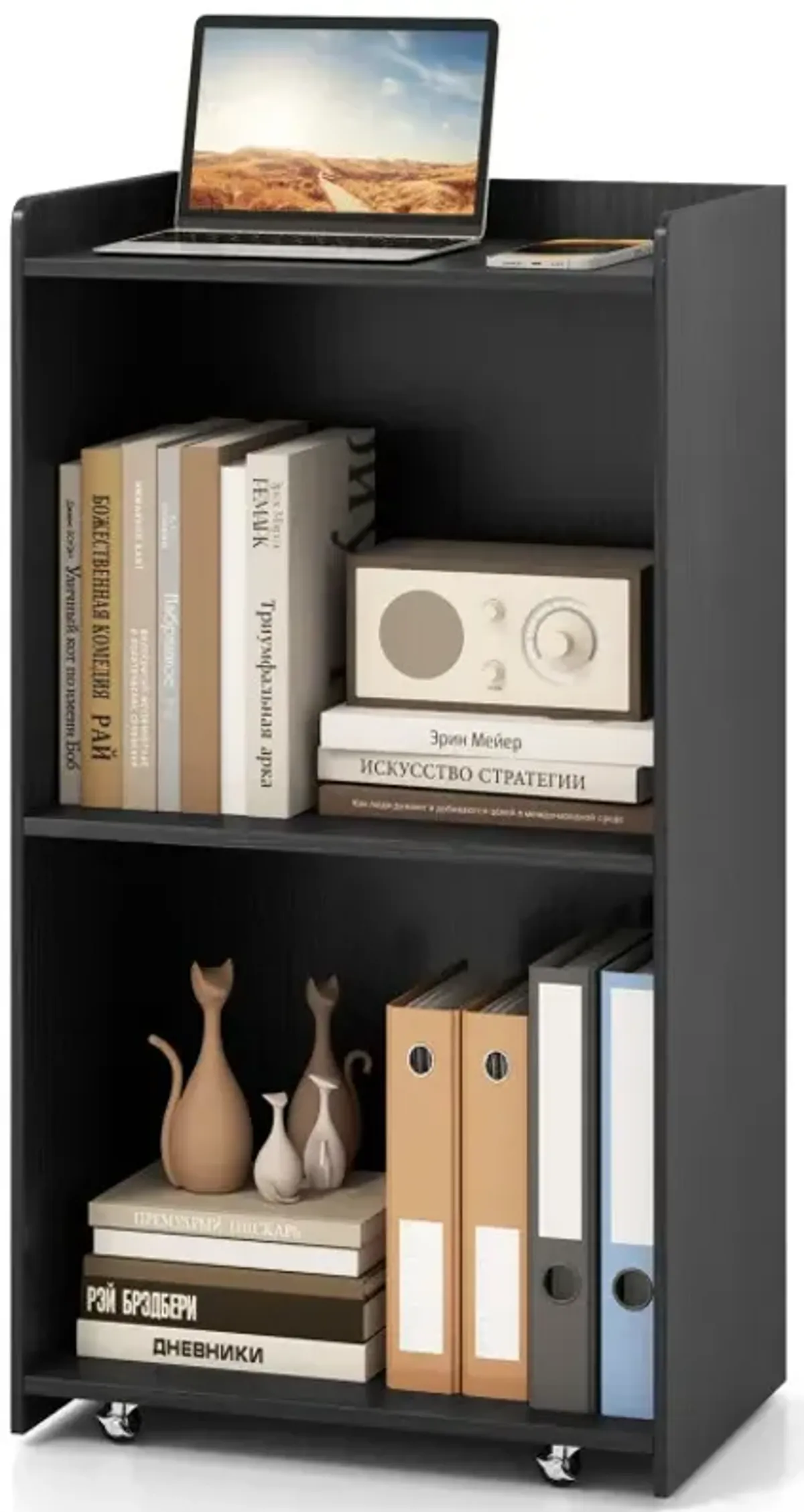 Rolling Podium Stand with 2 Shelves and Lockable Wheels