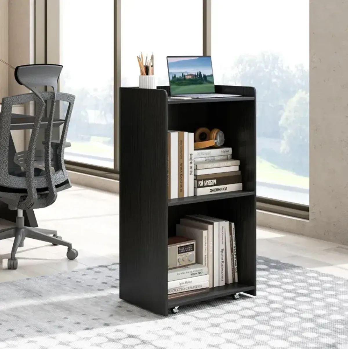 Rolling Podium Stand with 2 Shelves and Lockable Wheels