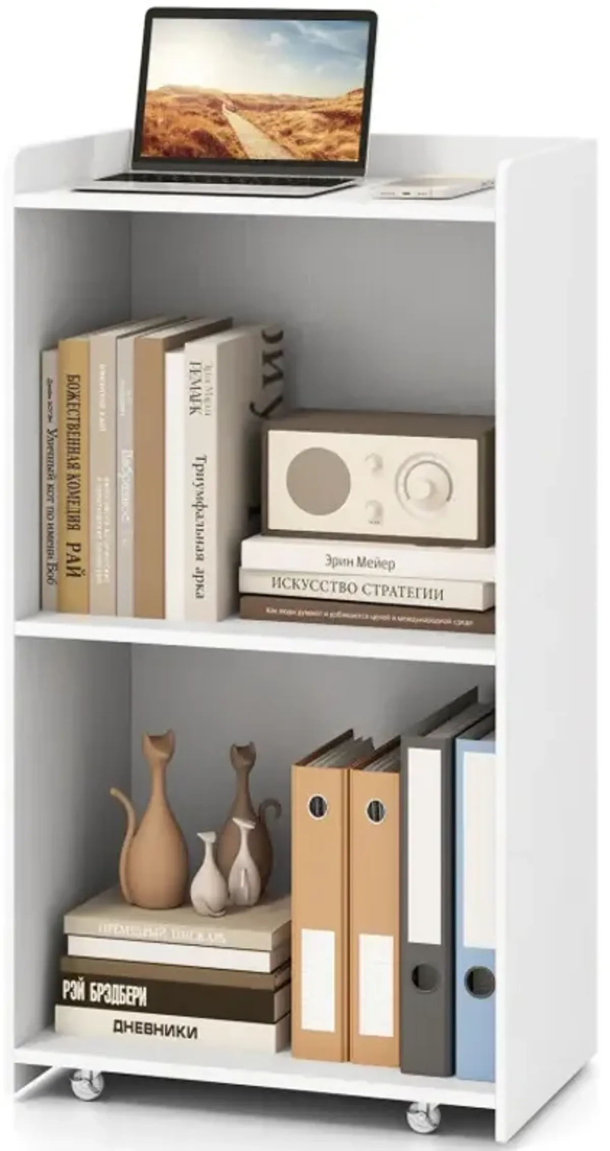 Rolling Podium Stand with 2 Shelves and Lockable Wheels