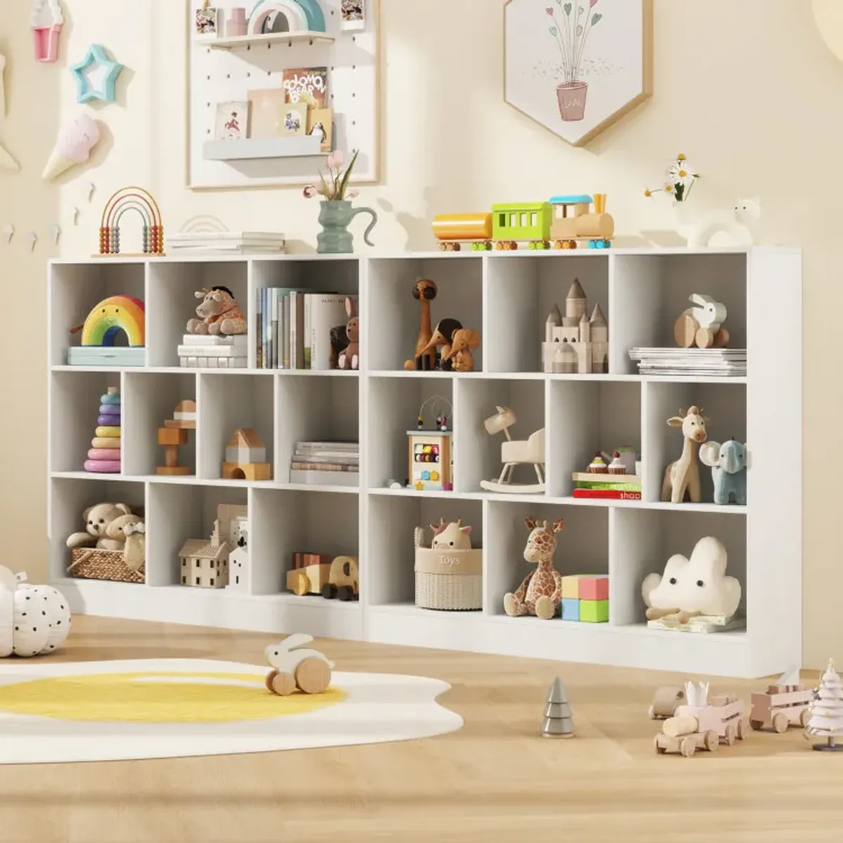 41 inches Wooden Toy Storage Organizer with 10 Cubes for Kids