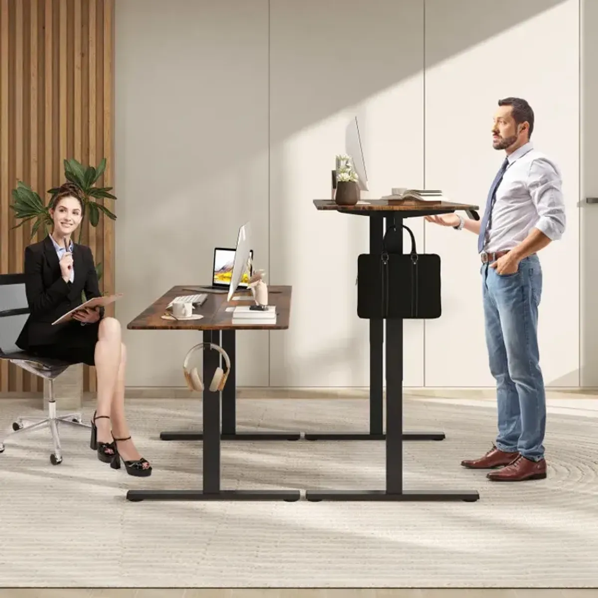 Electric Standing Desk with 3 Memory Heights and 2 Hanging Hooks and Cable Holes