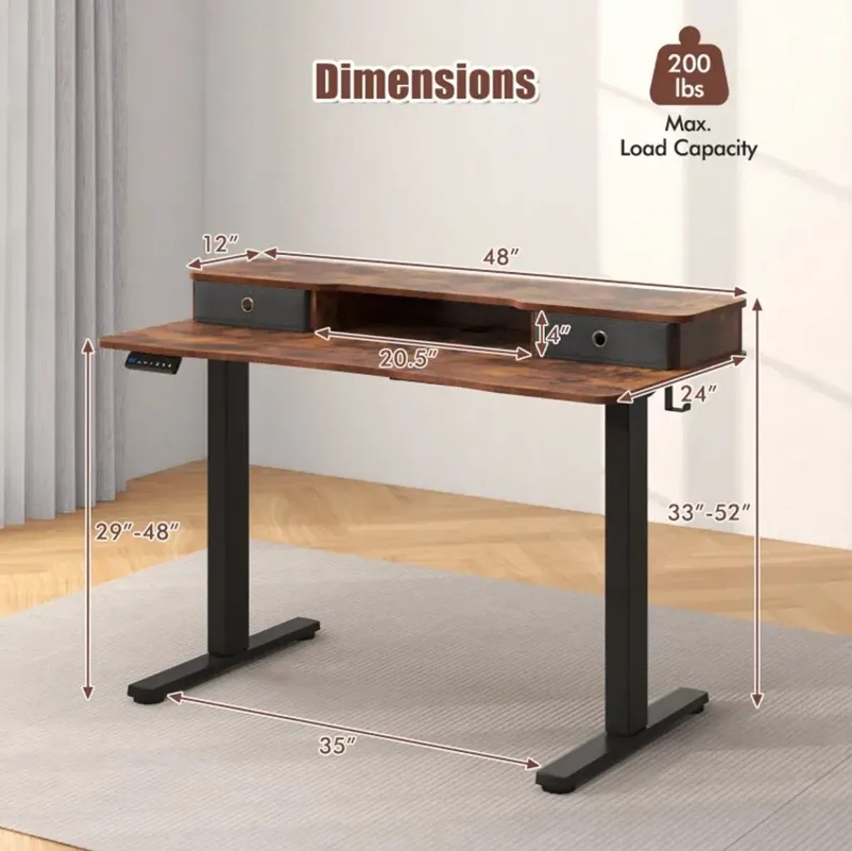 48 Inch x 24 Inch Height Adjustable Electric Standing Desk with 2 Drawers