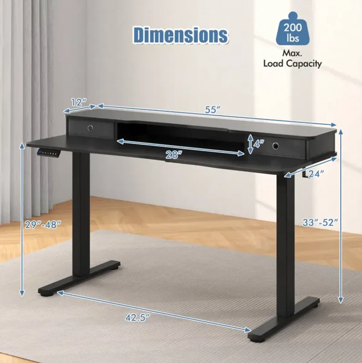 55 Inch x 24 Inch Height Adjustable Electric Standing Desk with 2 Drawers