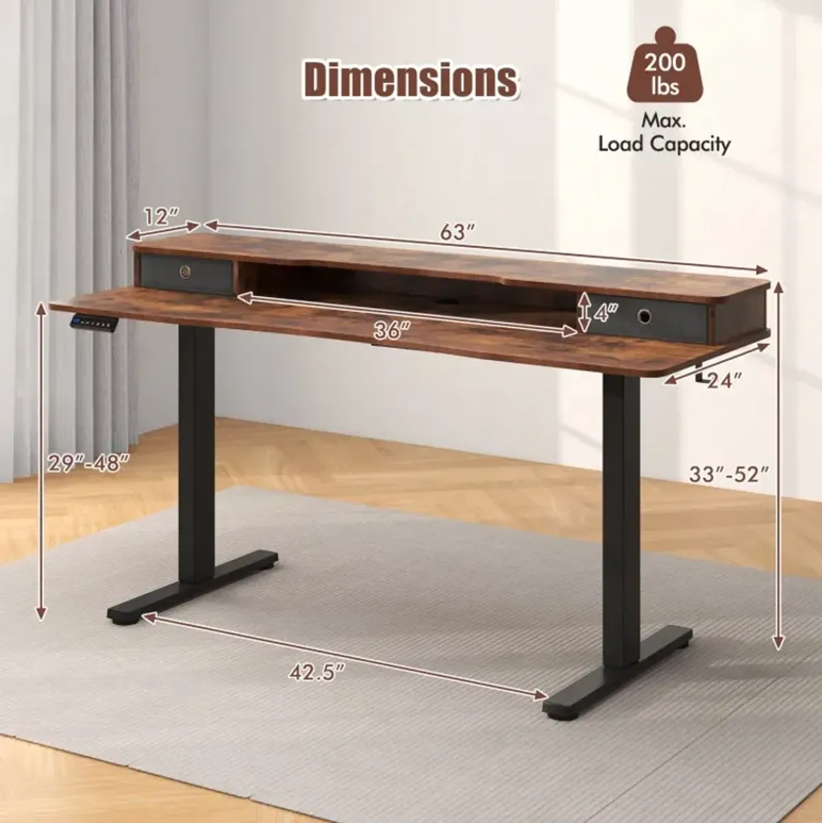 63 Inch x 24 Inch Electric Standing Desk with 2 Drawers
