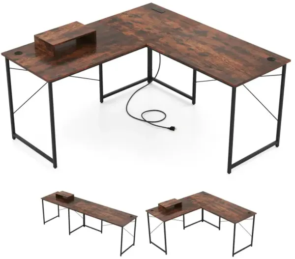 95 Inch 2-Person L-Shaped Long Reversible Computer Desk with Monitor Stand