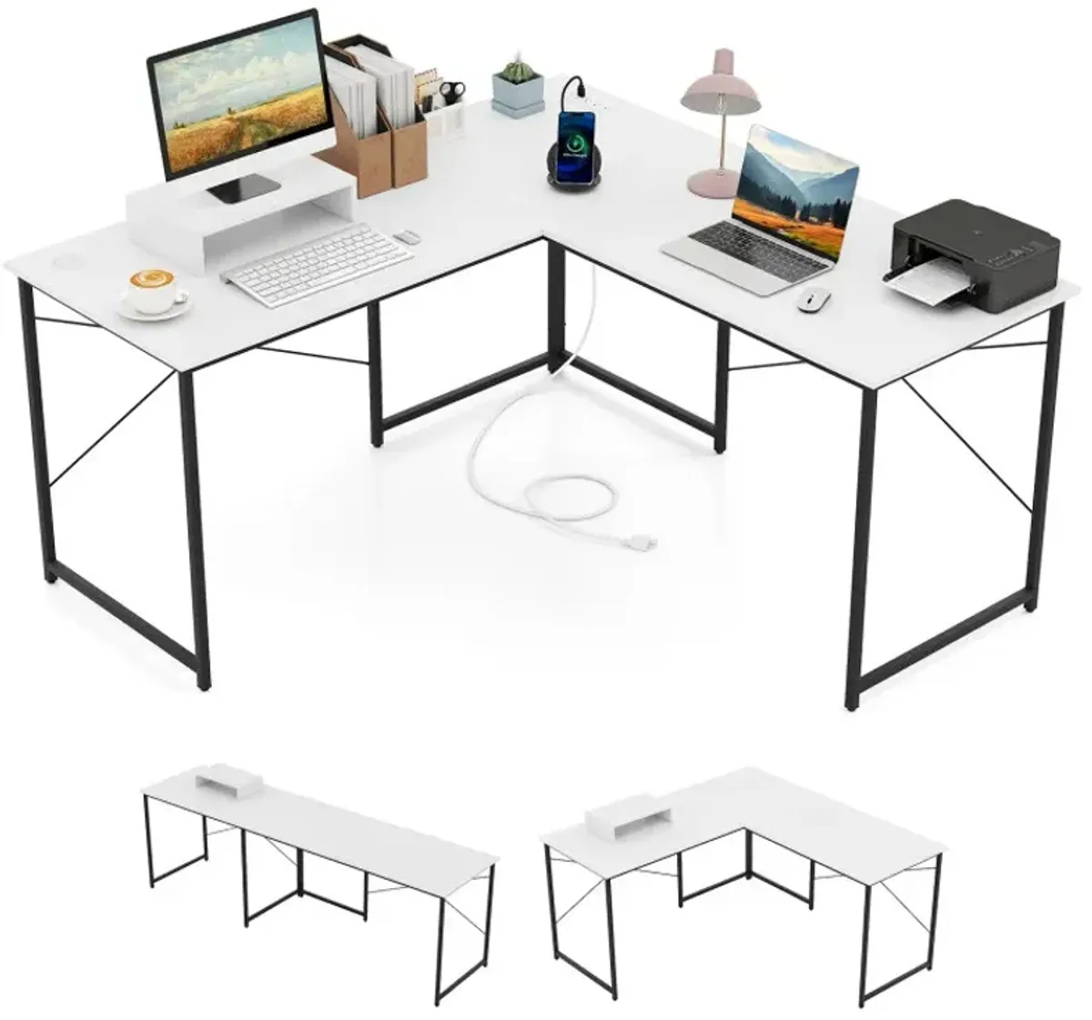 95 Inch 2-Person L-Shaped Long Reversible Computer Desk with Monitor Stand