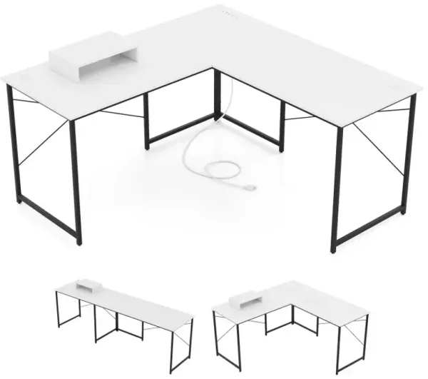 95 Inch 2-Person L-Shaped Long Reversible Computer Desk with Monitor Stand