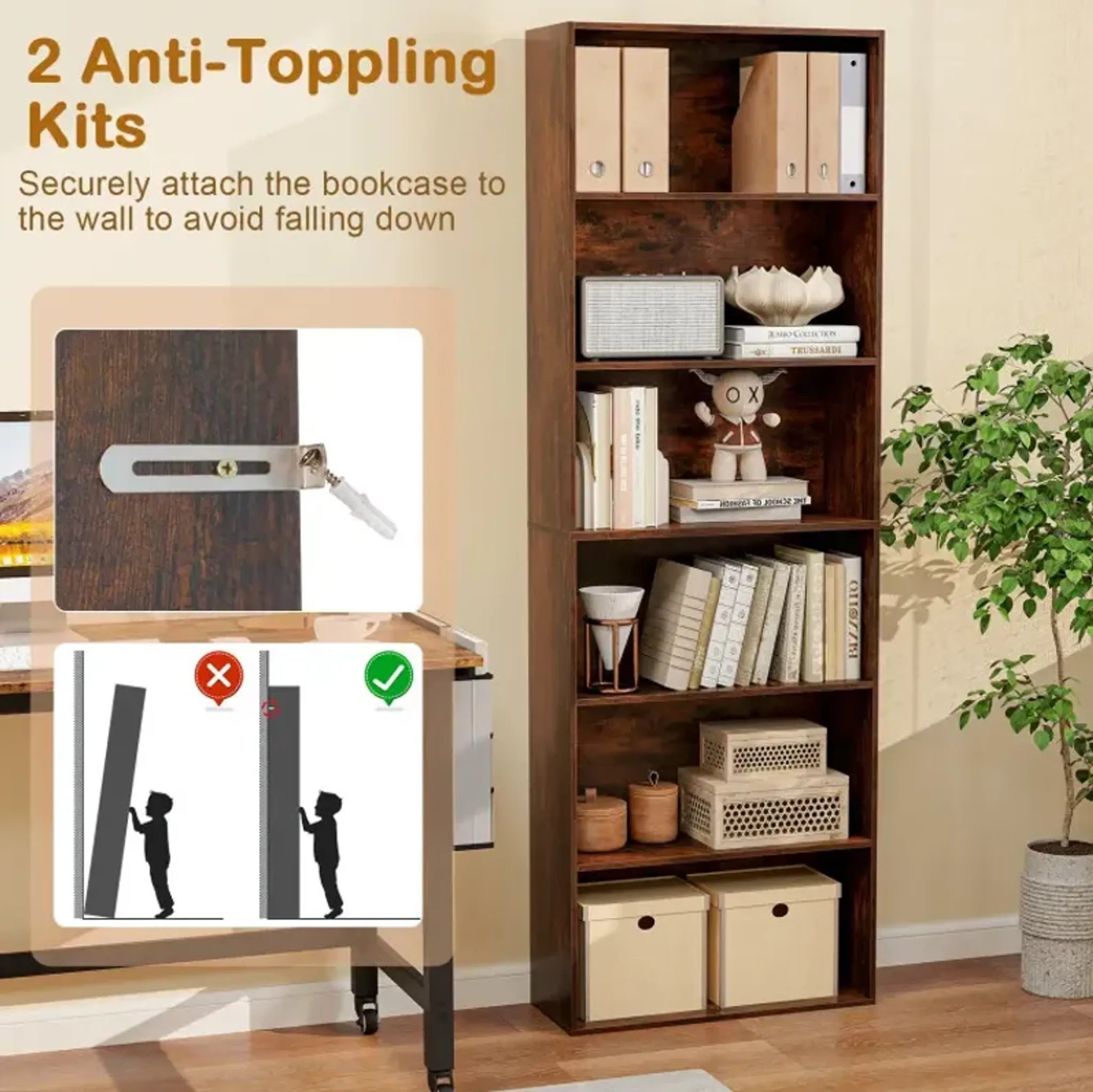 6 Tier Bookcase With 6 Open Shelves And Anti Toppling Kits Costway ...