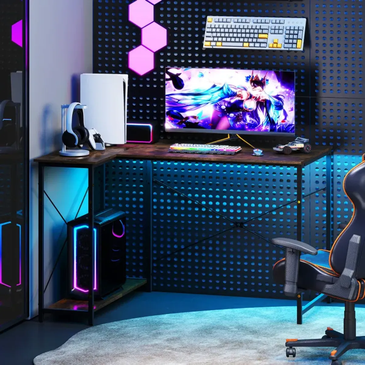 L-shaped 47 Inch Reversible Corner Desk with Adjustable Storage Shelves