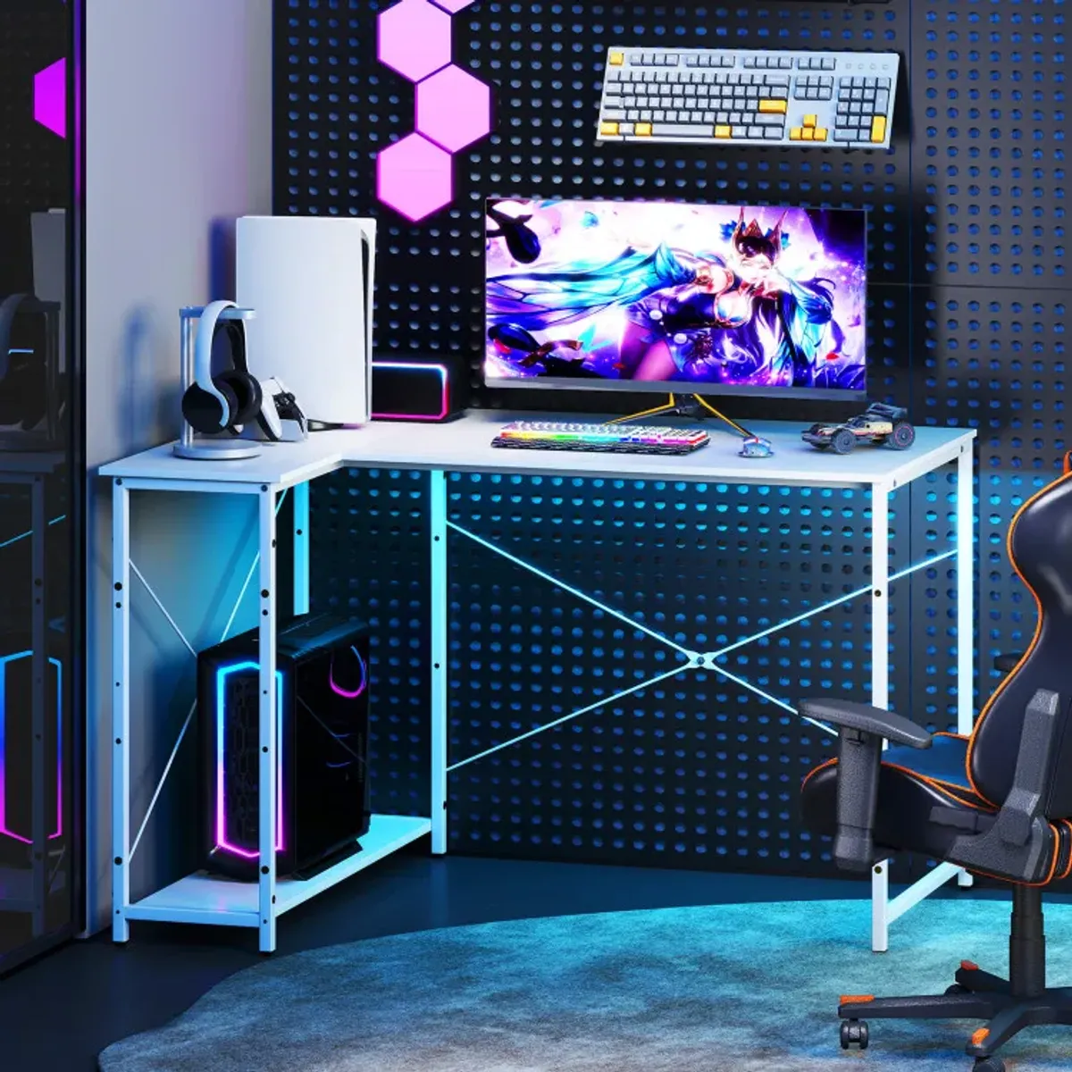 L-shaped 47 Inch Reversible Corner Desk with Adjustable Storage Shelves