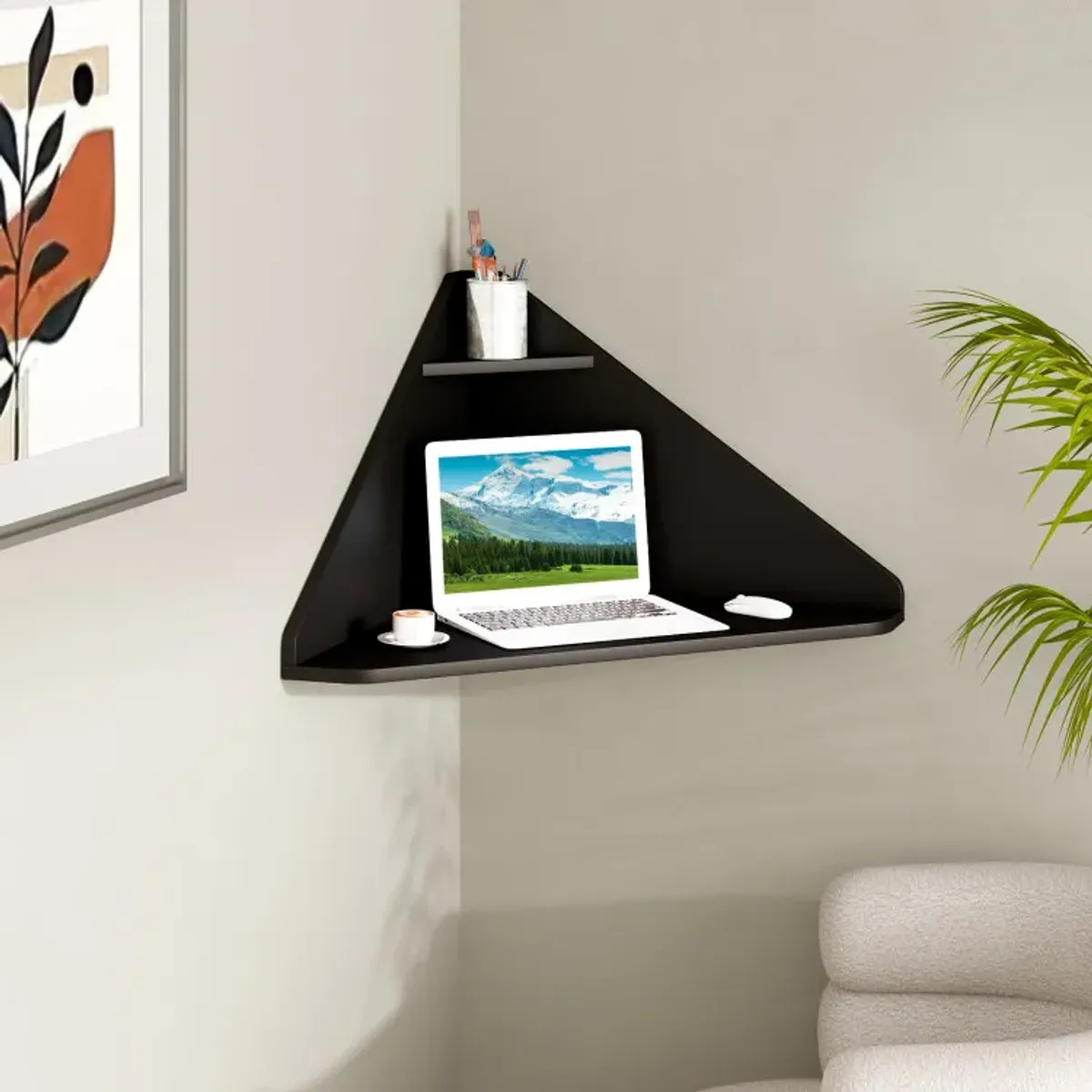 Floating Triangular Corner Computer Desk with Storage Shelf