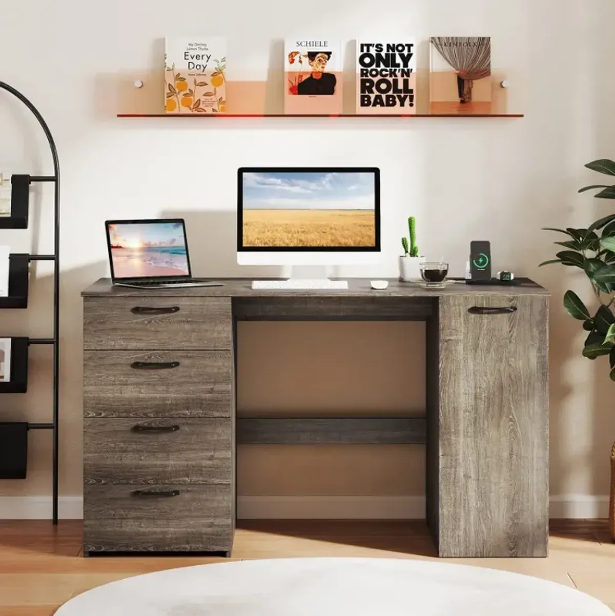 53 Inches Computer Desk with Power Outlets and 4 Storage Drawers