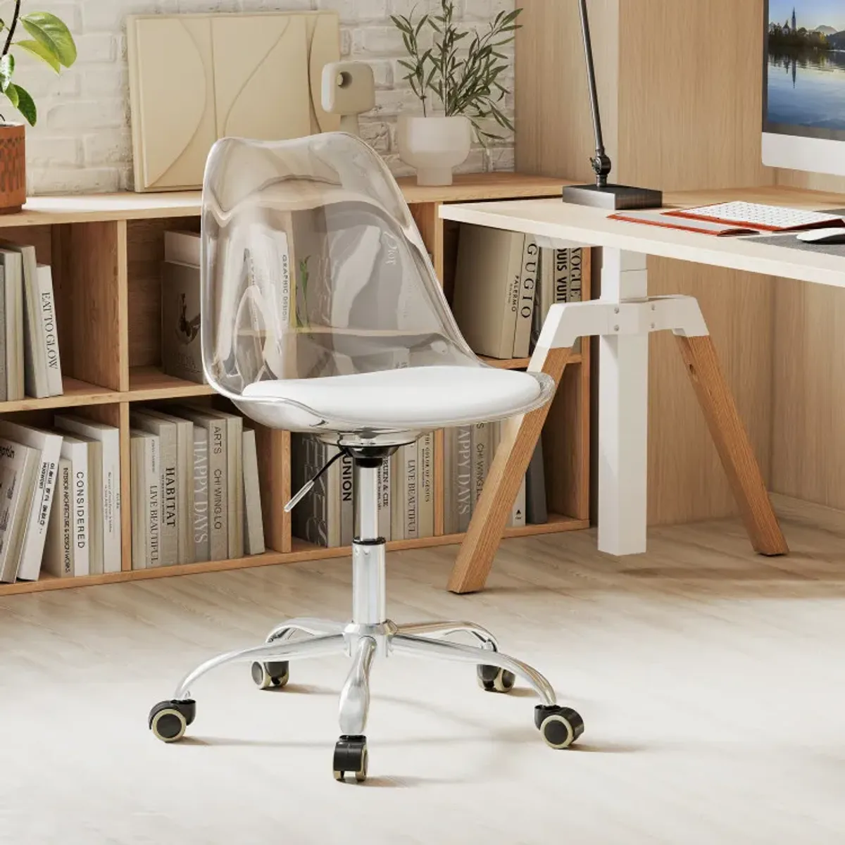 Armless Rolling Office Chair with Swivel Seat and PU Leather Cushion