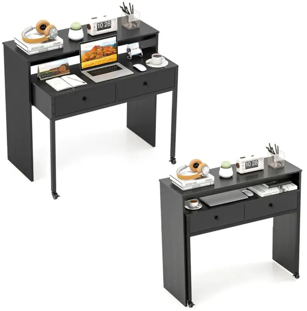 Extendable Computer Desk with 2 Storage Drawers Convertible Home Office Rolling Study Writing Desk