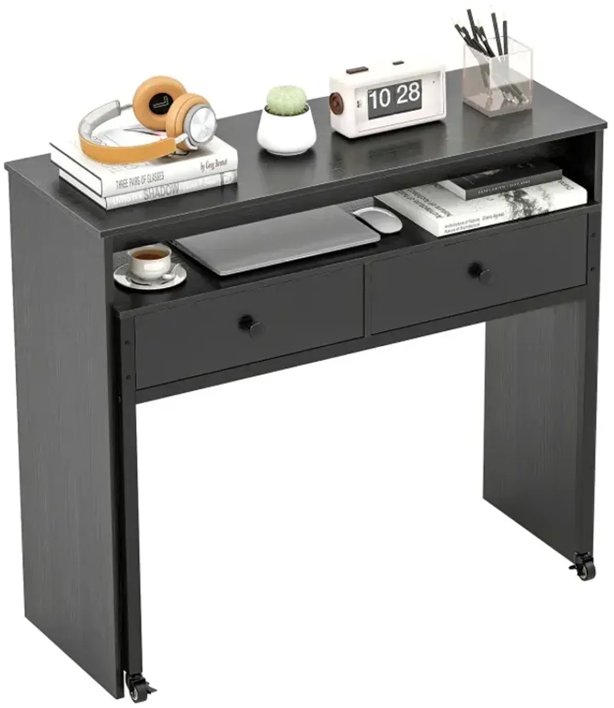 Extendable Computer Desk with 2 Storage Drawers Convertible Home Office Rolling Study Writing Desk