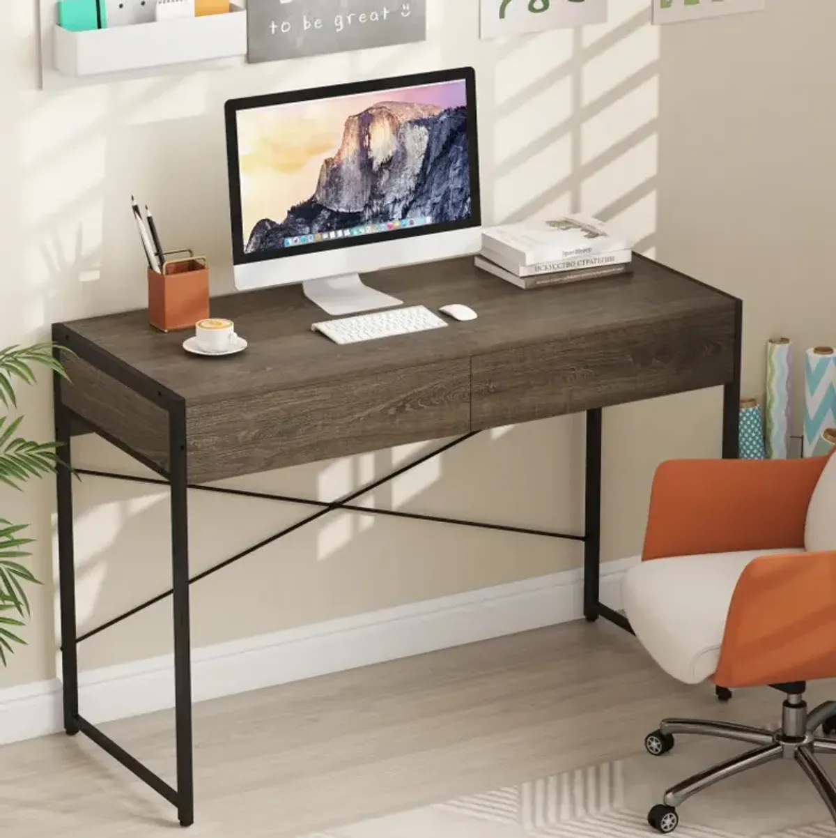 Computer Desk with 2 Drawers 44 Inch Home Office Desk with Metal Frame