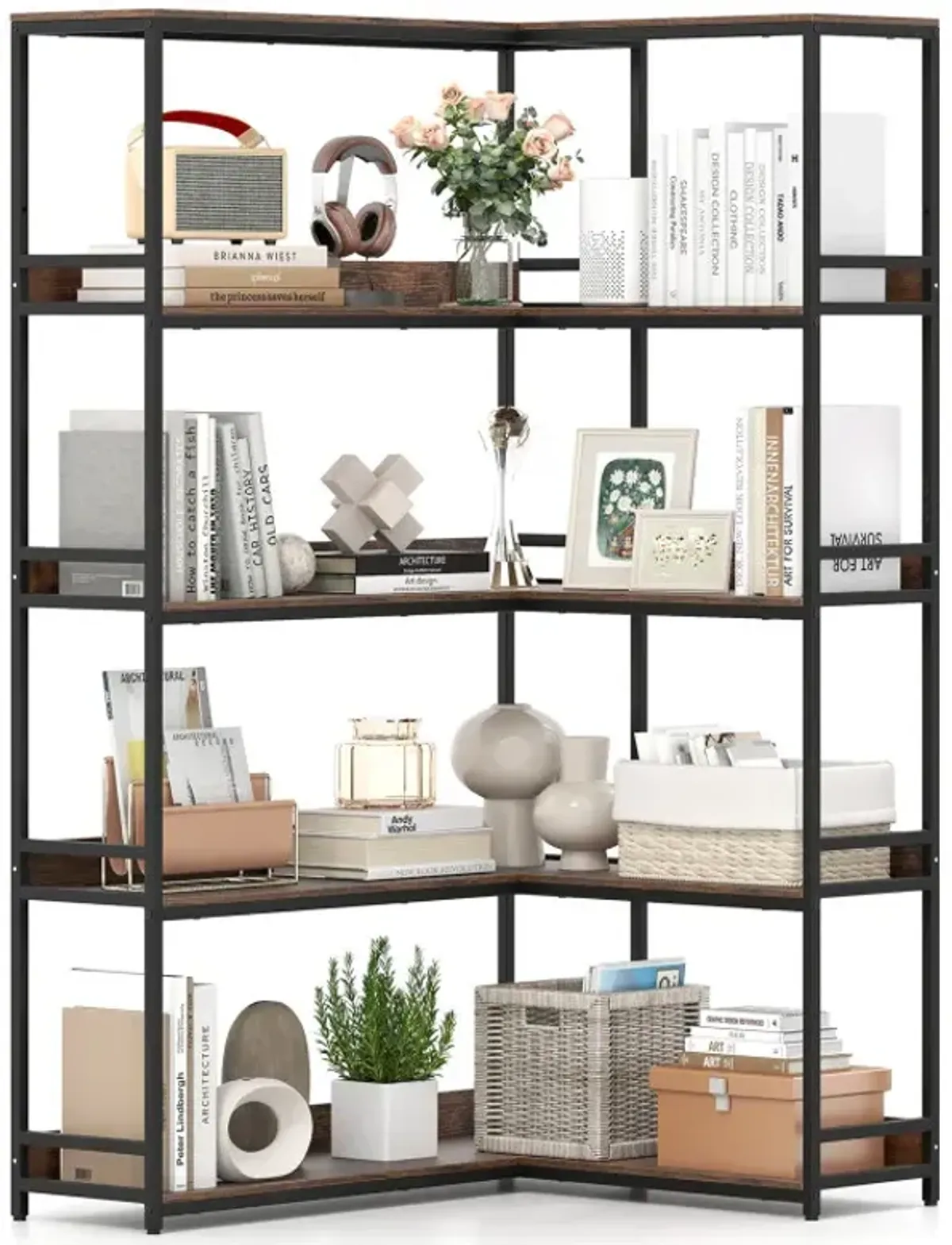 Corner Bookshelf 5-Tier L-Shaped Bookcase Etagere Bookshelf with Metal Frame