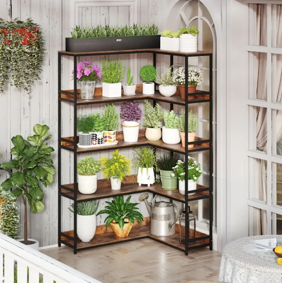 Corner Bookshelf 5-Tier L-Shaped Bookcase Etagere Bookshelf with Metal Frame