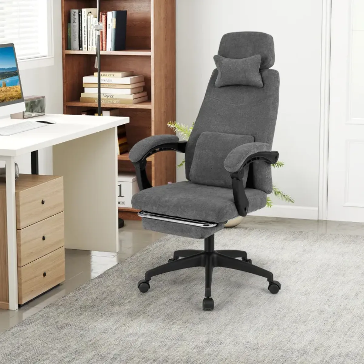 Reclining Office Chair Chenille Fabric Upholstered Computer Desk Chair